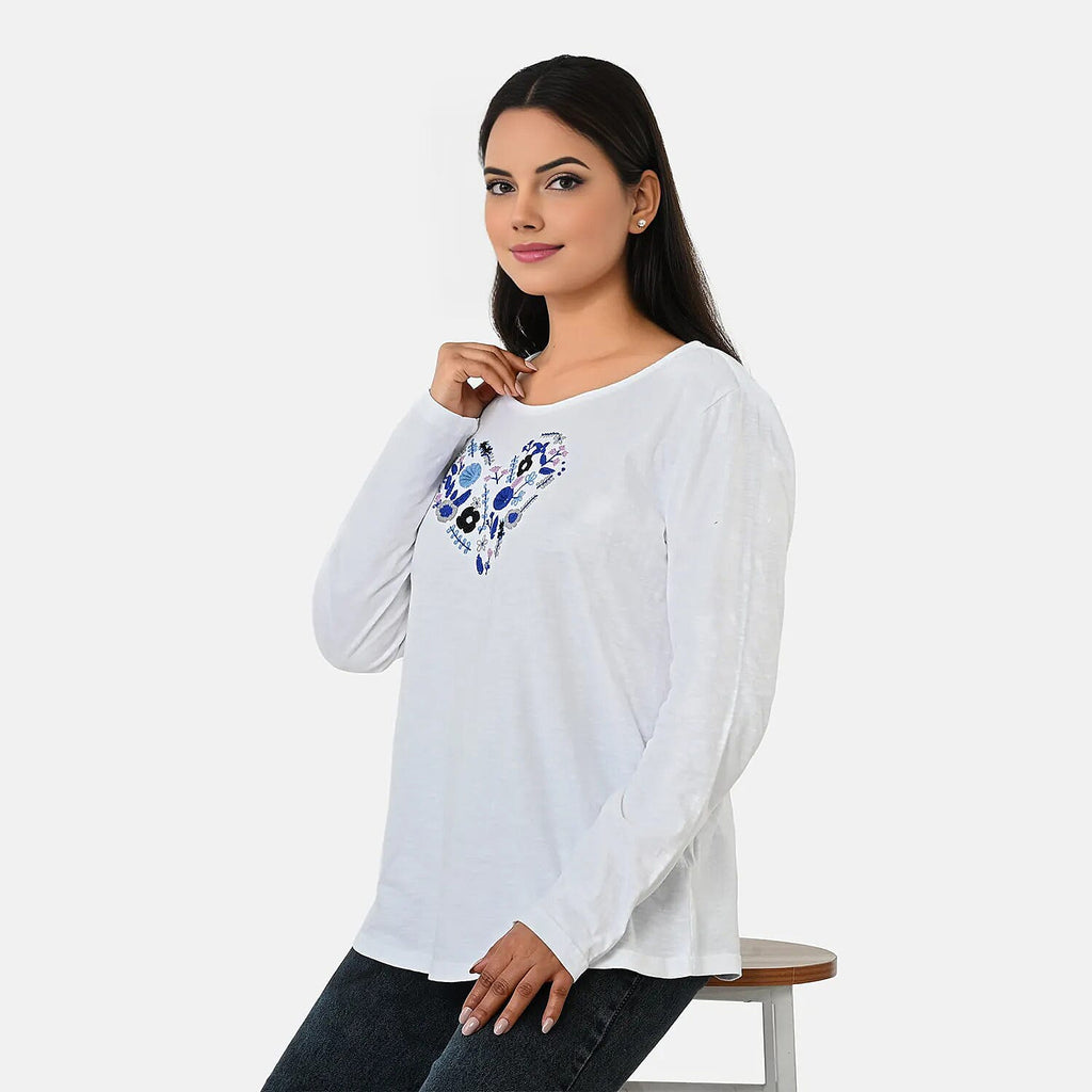La Marey Cotton Floral Heart Embroidered full Sleve T-Shirt (Size S, 8 to 10) - Off White