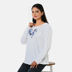 La Marey Cotton Floral Heart Embroidered full Sleve T-Shirt (Size S, 8 to 10) - Off White