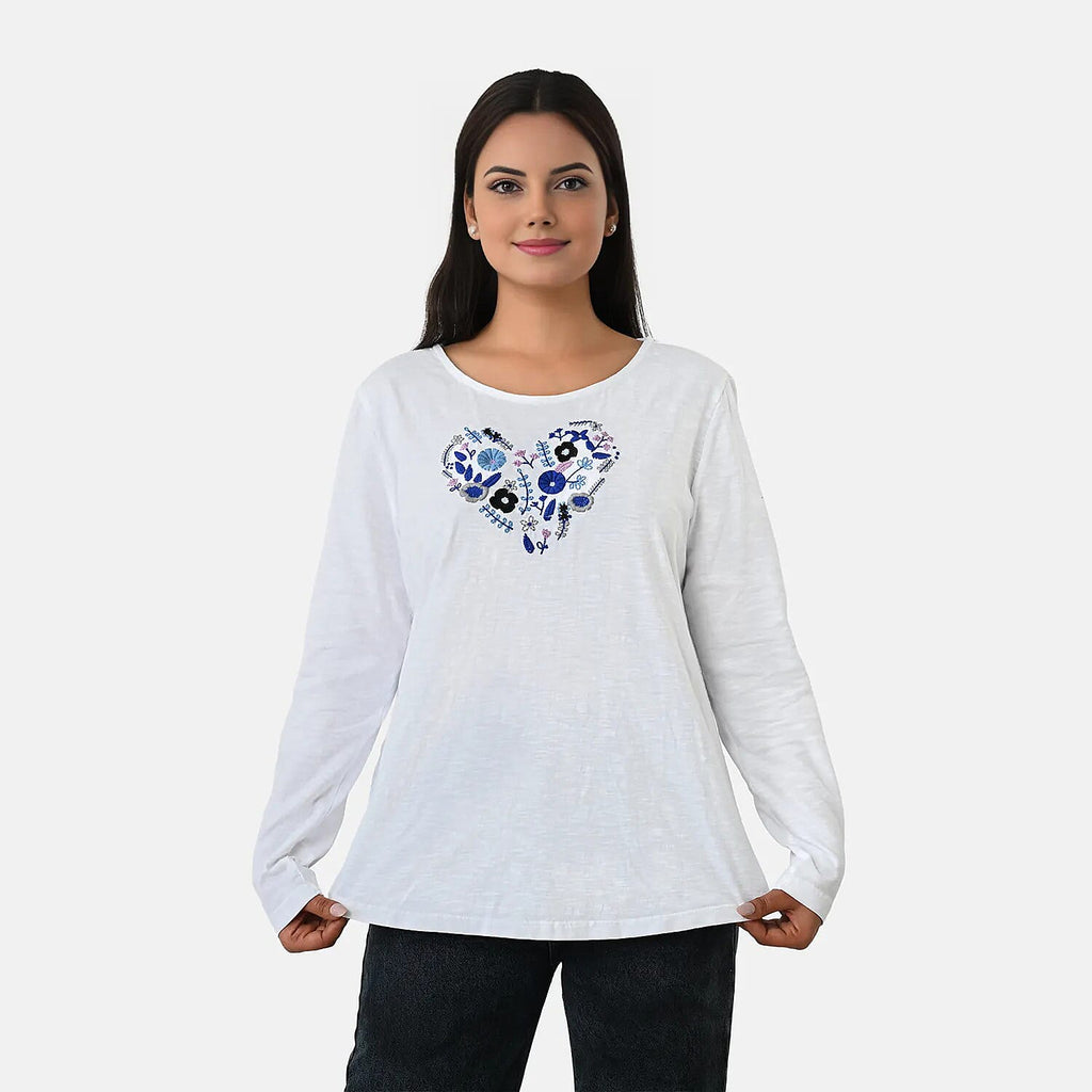 La Marey Cotton Floral Heart Embroidered full Sleve T-Shirt (Size S, 8 to 10) - Off White