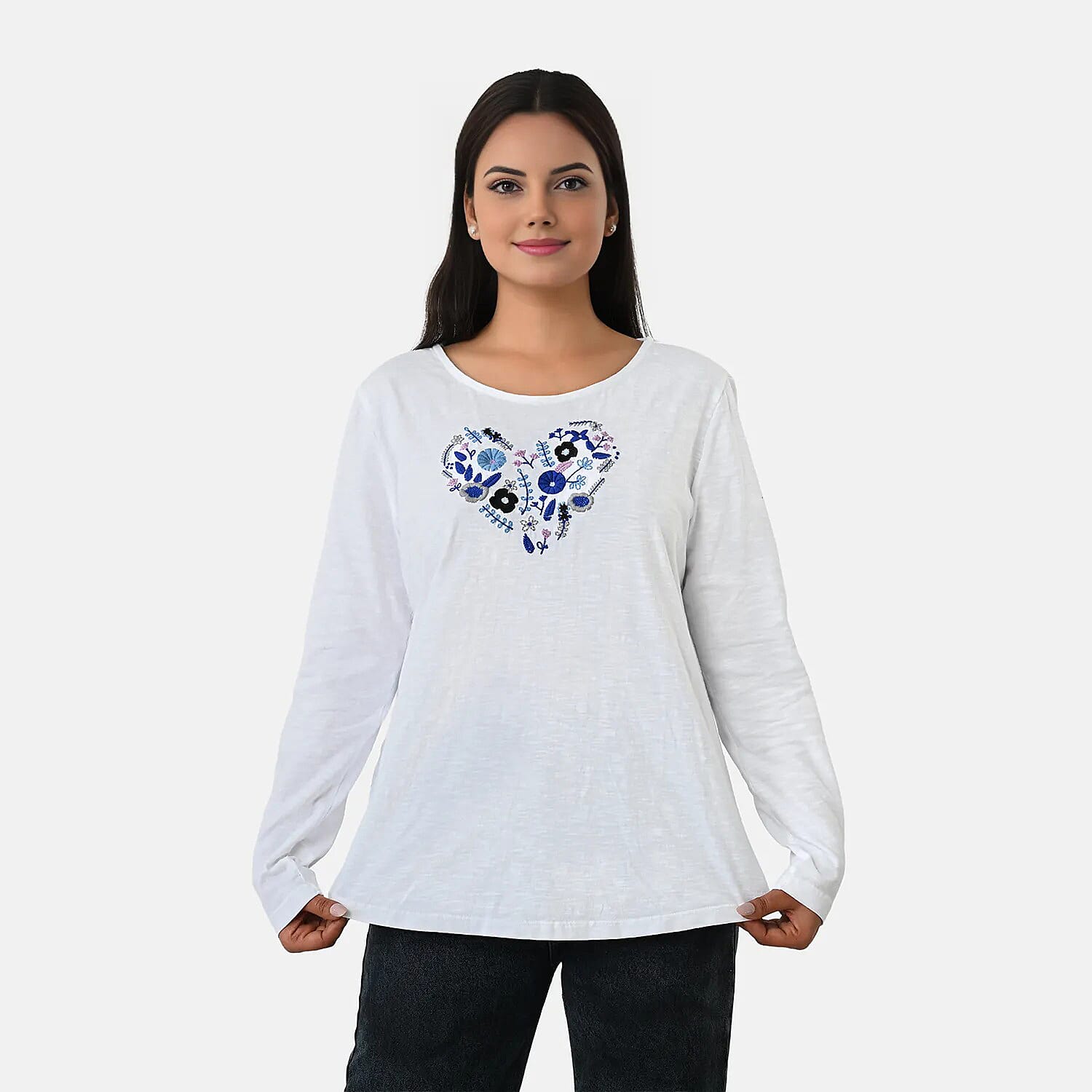 La Marey Cotton Floral Heart Embroidered full Sleve T-Shirt (Size S, 8 to 10) - Off White V32514060 3
