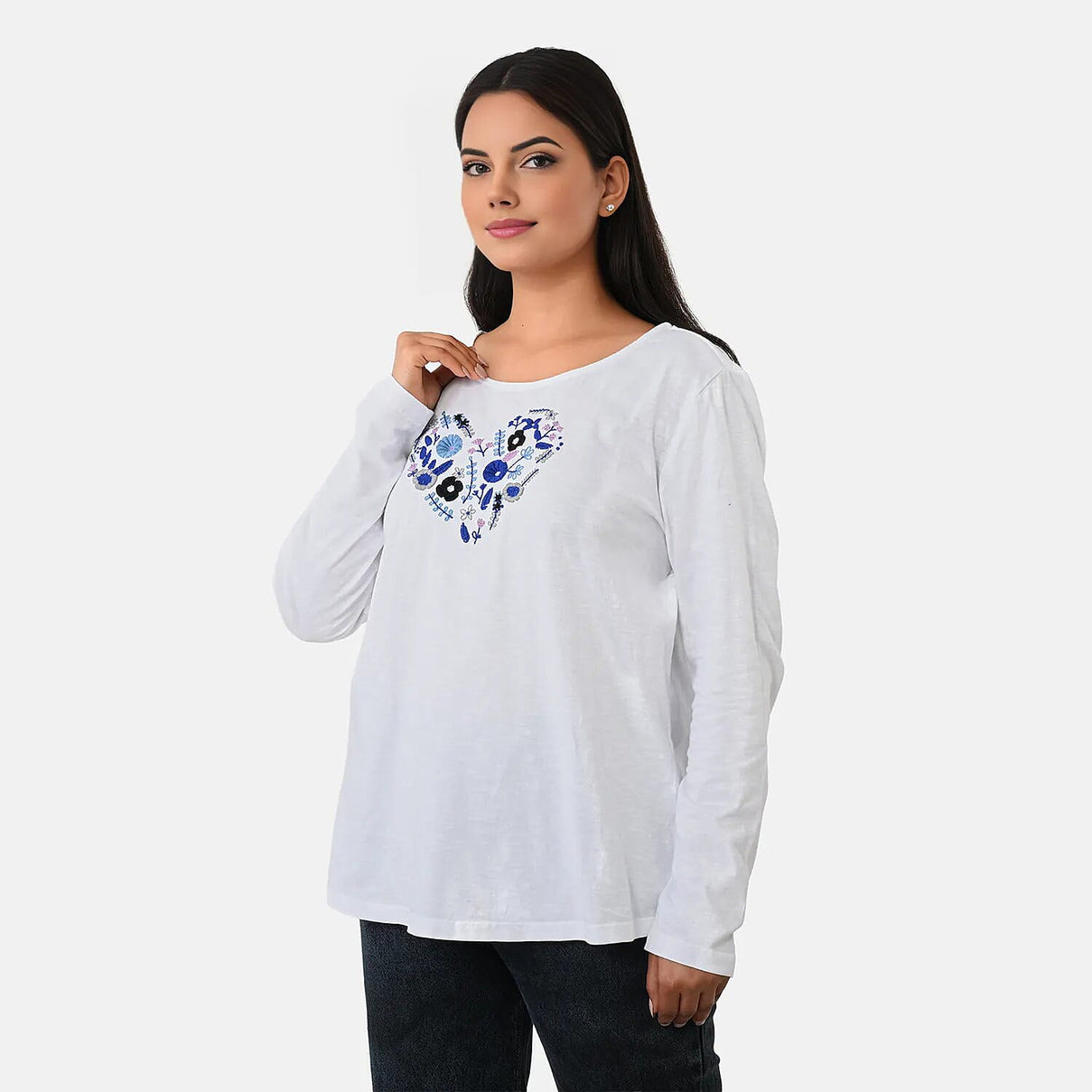 La Marey Cotton Floral Heart Embroidered full Sleve T-Shirt (Size S, 8 to 10) - Off White V32514060 4