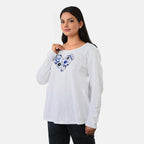 La Marey Cotton Floral Heart Embroidered full Sleve T-Shirt (Size S, 8 to 10) - Off White