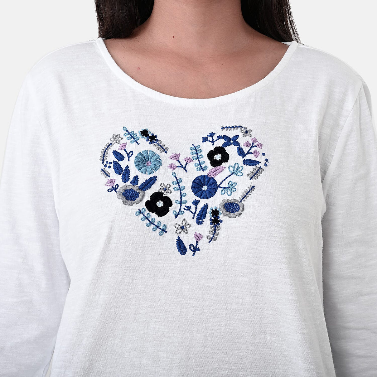 La Marey Cotton Floral Heart Embroidered full Sleve T-Shirt (Size S, 8 to 10) - Off White V32514060 6