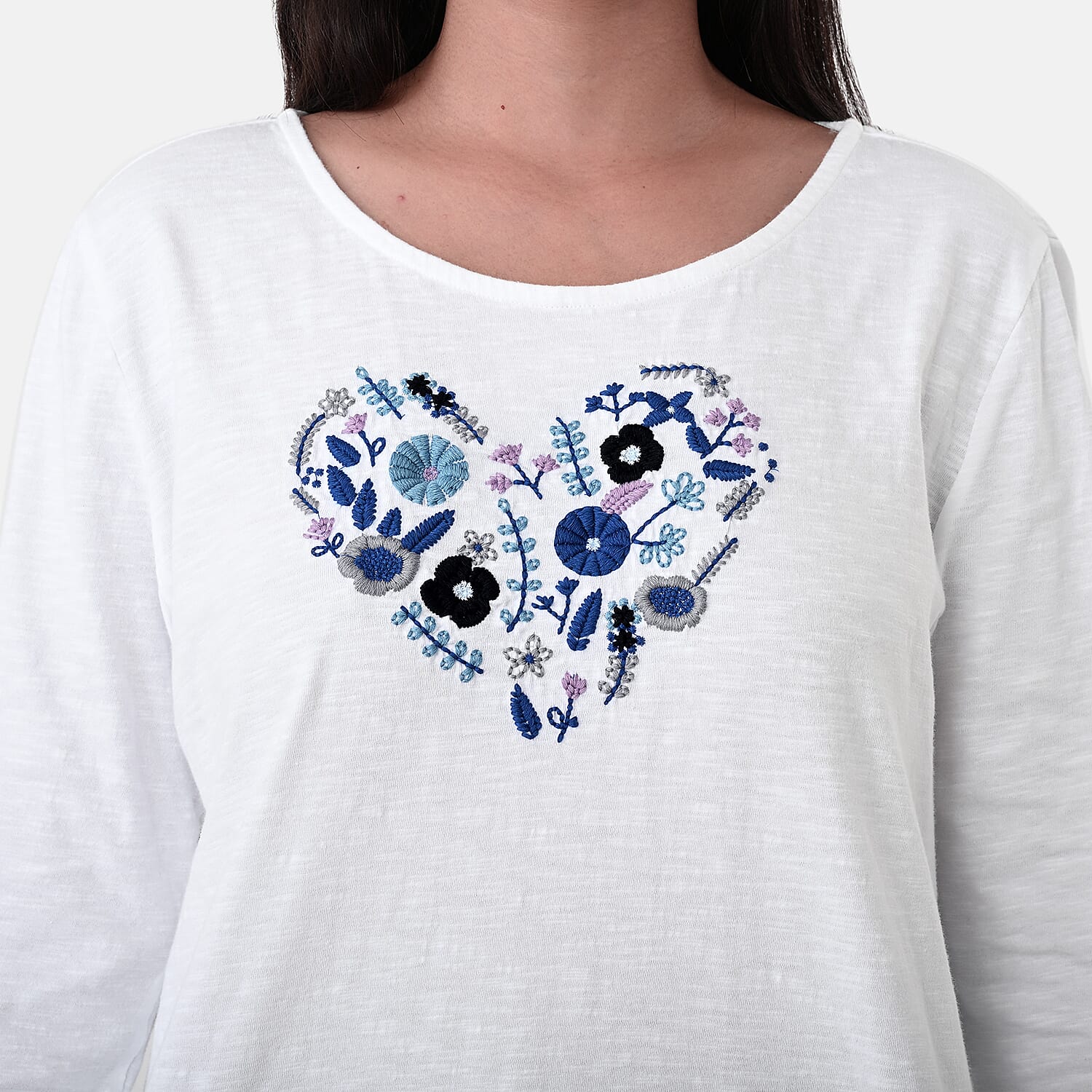 La Marey Cotton Floral Heart Embroidered full Sleve T-Shirt (Size S, 8 to 10) - Off White V32514060 6