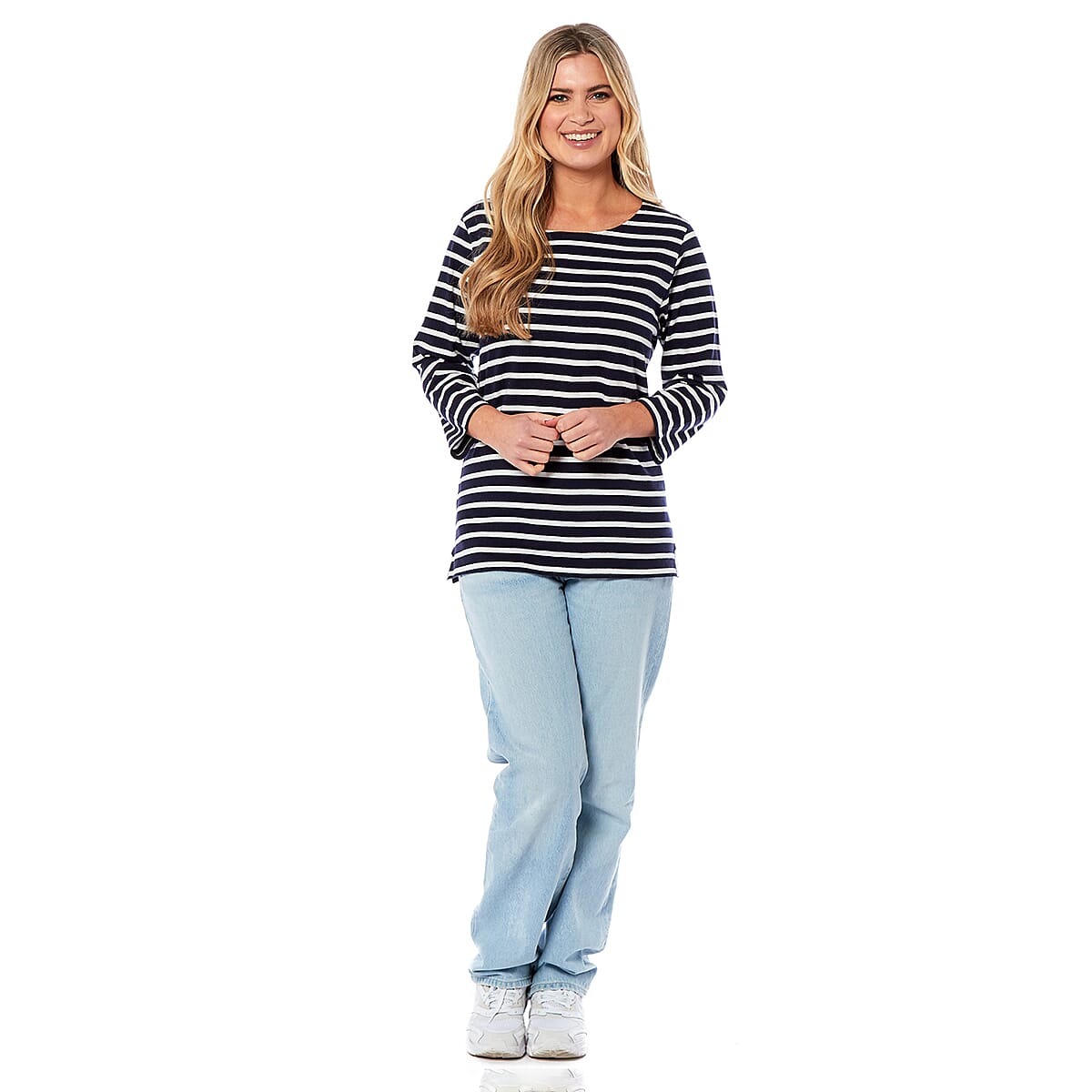 La Marey Cotton Thin Stripe 3/4 Length Sleeve Top (Size 18) - Navy V32520762 0