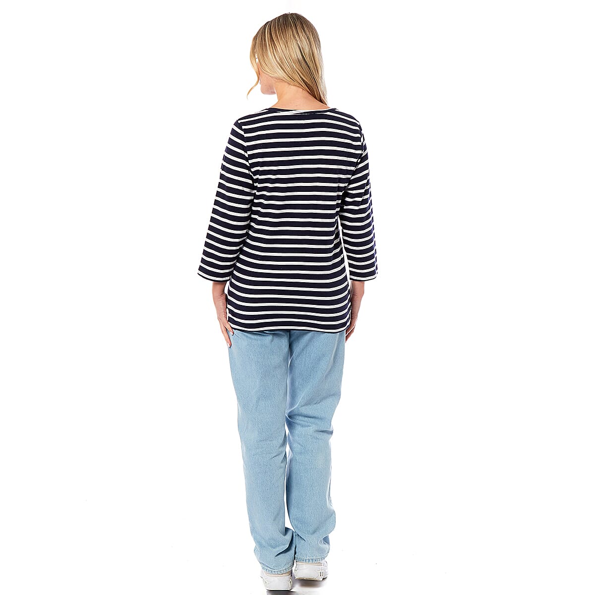 La Marey Cotton Thin Stripe 3/4 Length Sleeve Top (Size 18) - Navy V32520762 1