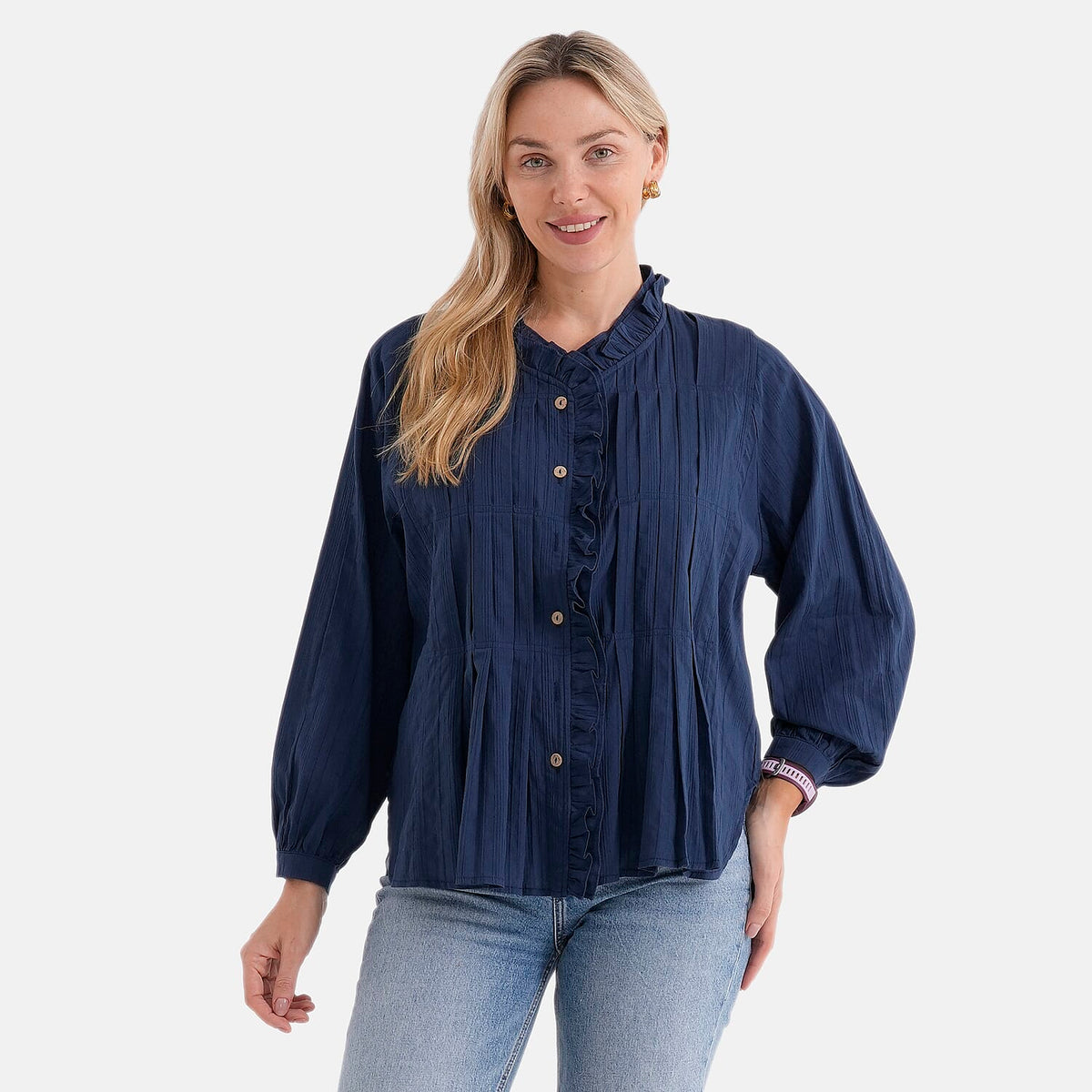 La Marey 100% Cotton Button-Down Ruffle Collar Blouse (Size 16 to 18) - Navy Blue V32552378 0