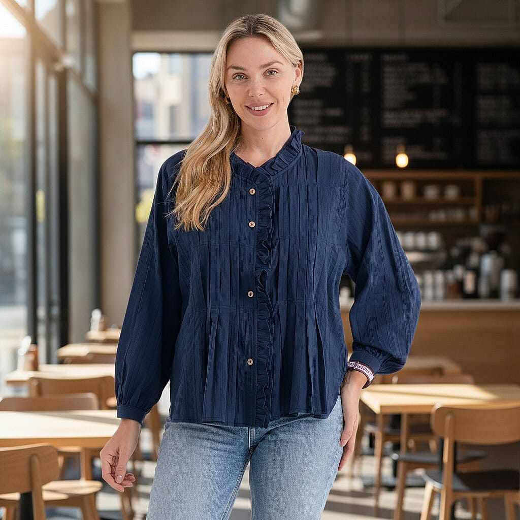 La Marey 100% Cotton Button-Down Ruffle Collar Blouse (Size 16 to 18) - Navy Blue V32552378 2