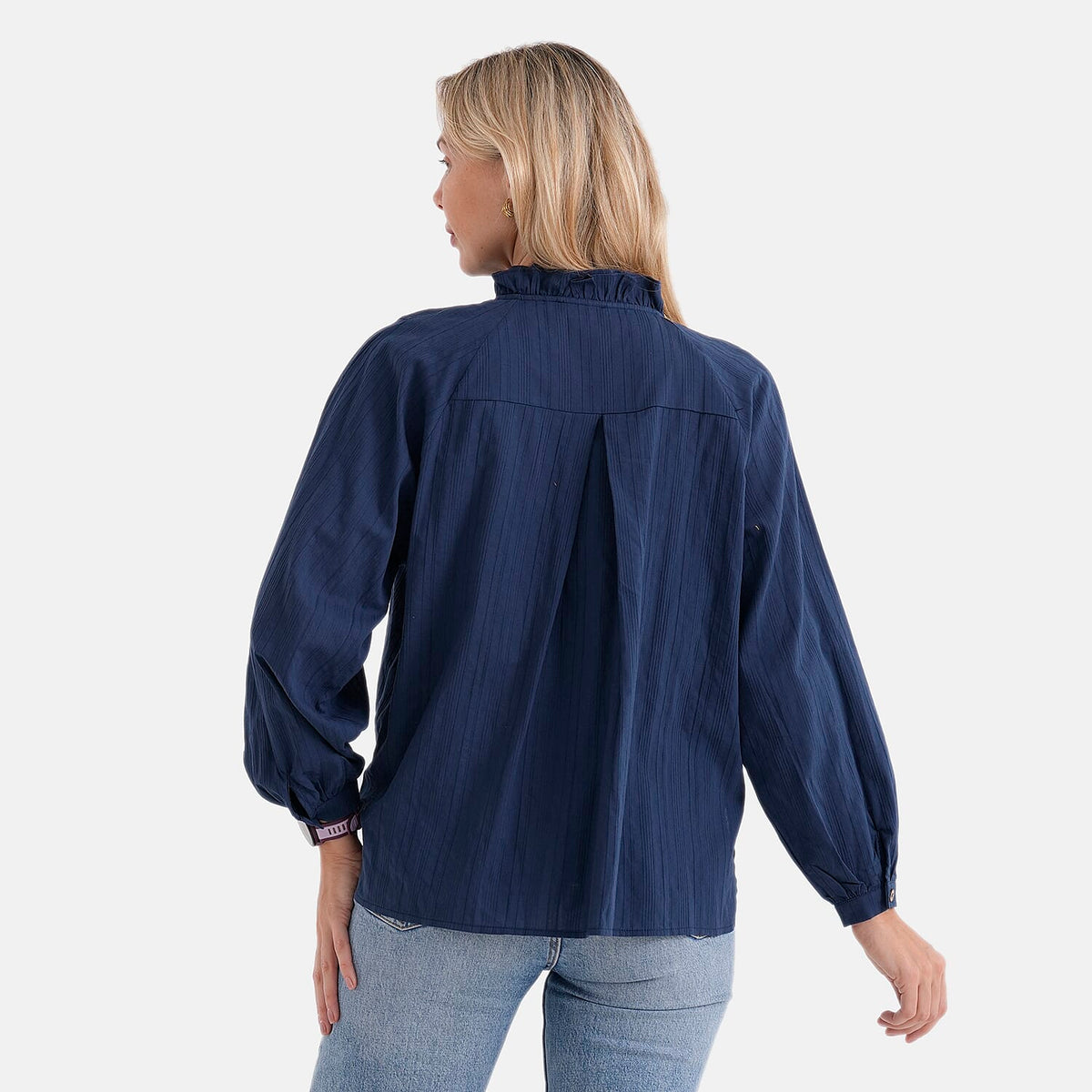 La Marey 100% Cotton Button-Down Ruffle Collar Blouse (Size 16 to 18) - Navy Blue V32552378 3