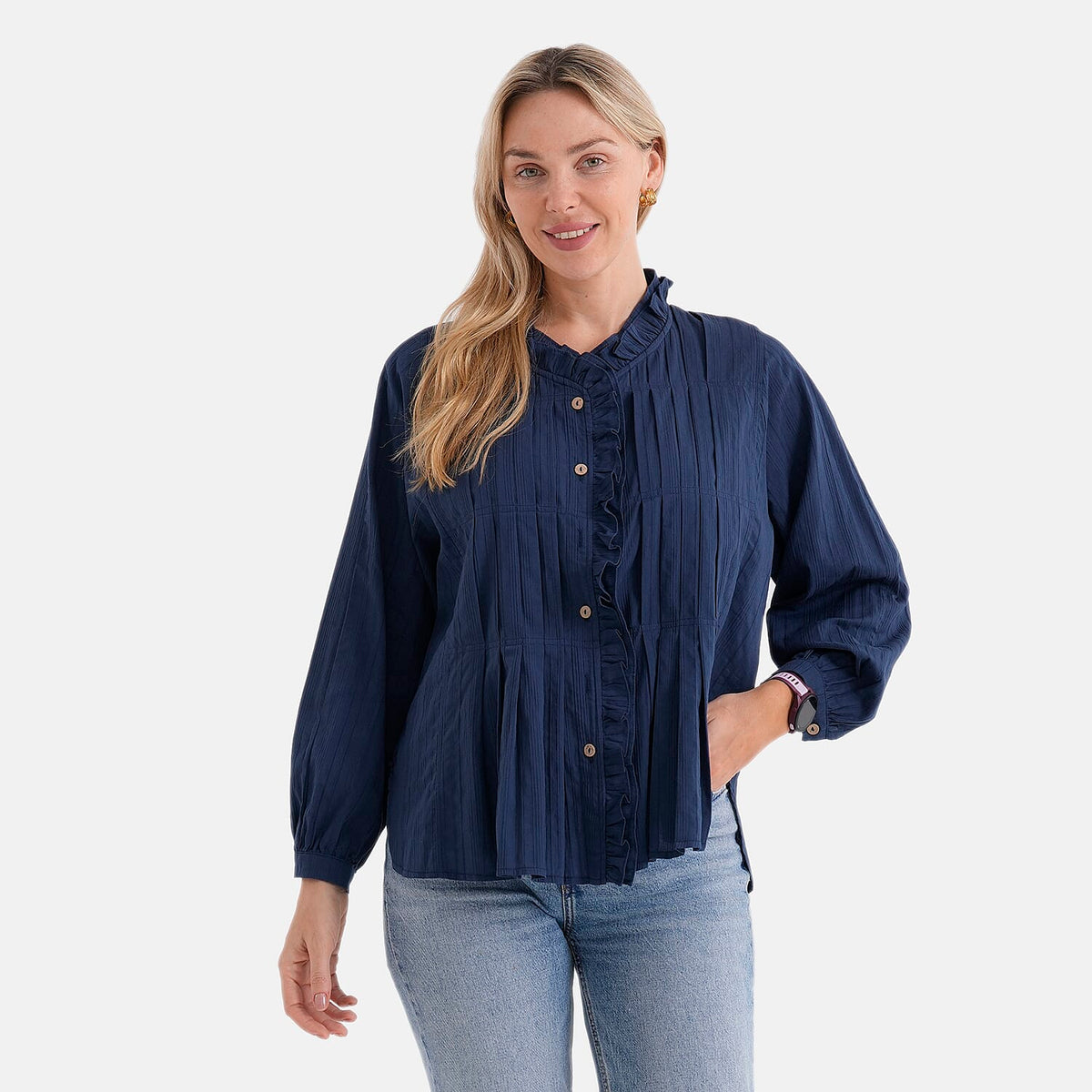 La Marey 100% Cotton Button-Down Ruffle Collar Blouse (Size 16 to 18) - Navy Blue V32552378 4