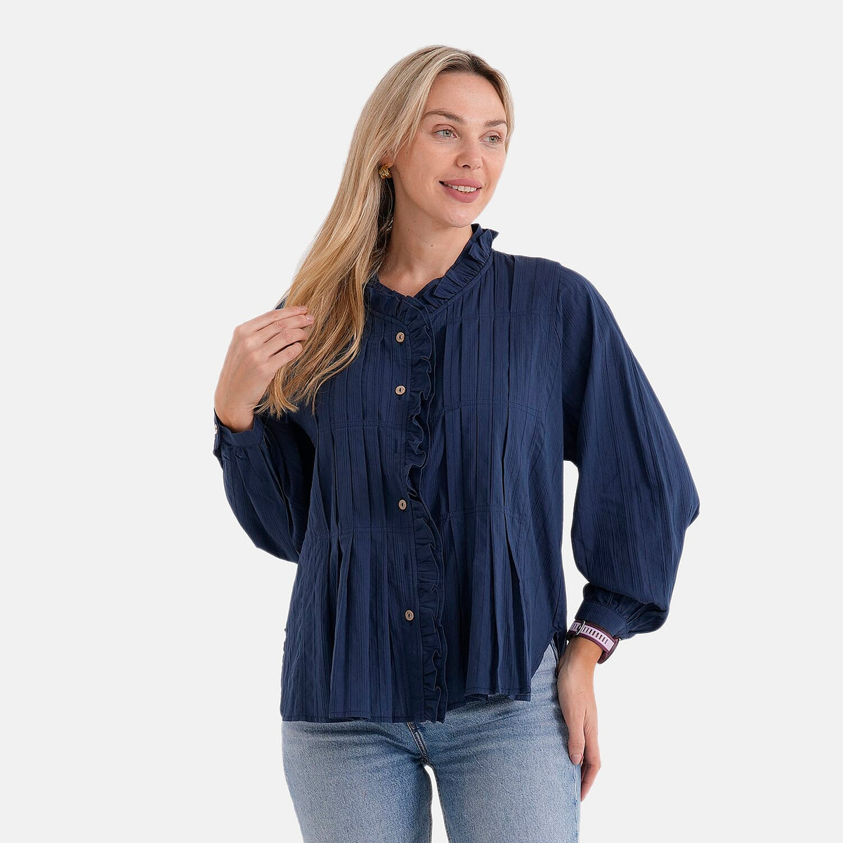 La Marey 100% Cotton Button-Down Ruffle Collar Blouse (Size 16 to 18) - Navy Blue V32552378 5