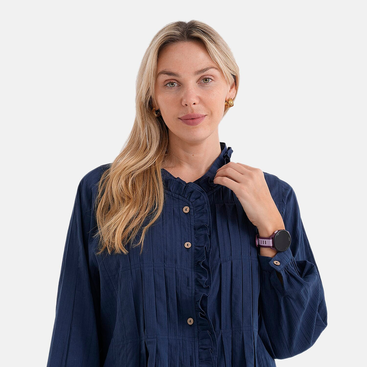 La Marey 100% Cotton Button-Down Ruffle Collar Blouse (Size 16 to 18) - Navy Blue V32552378 6
