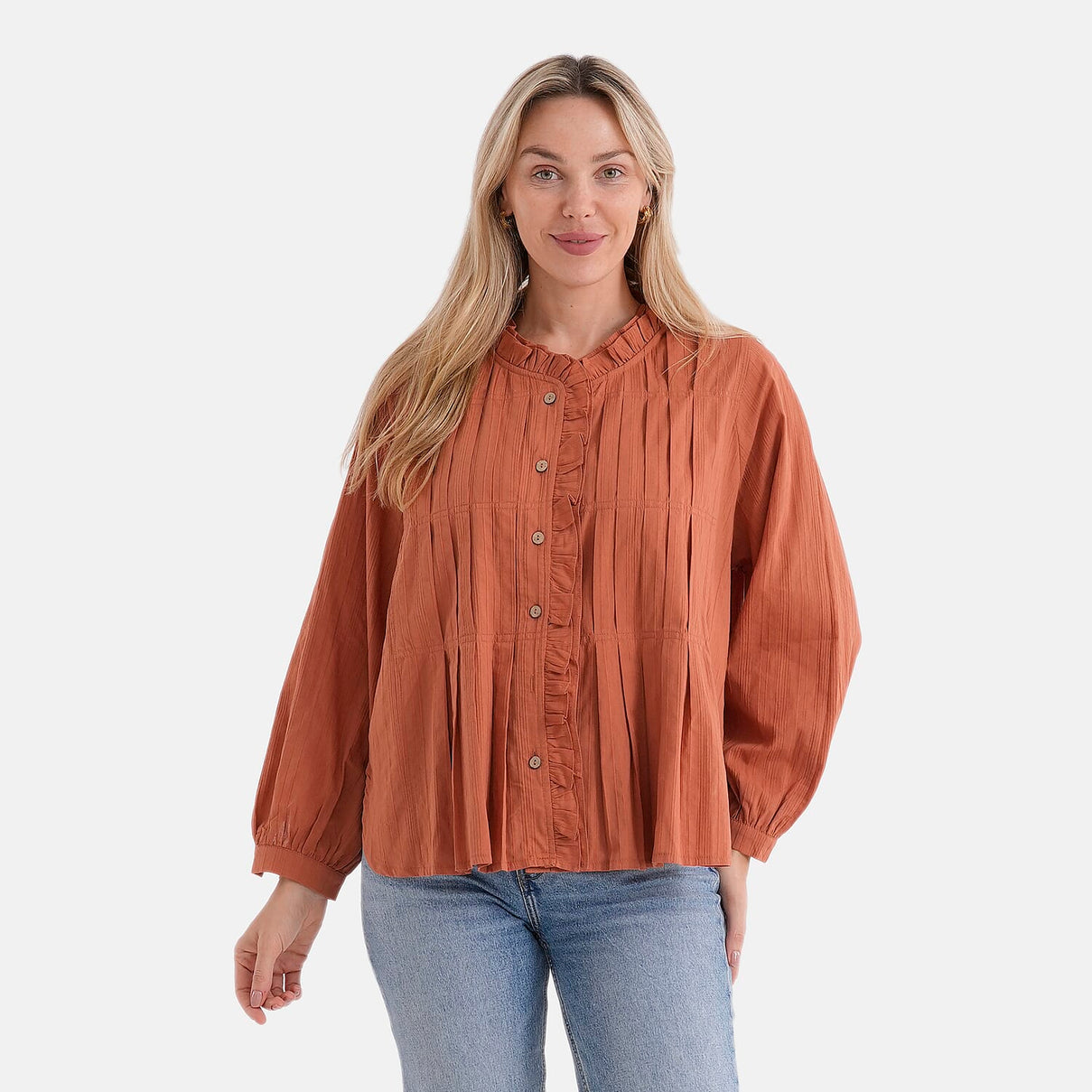 La Marey 100% Cotton Button-Down Ruffle Collar Blouse (Size 16 to 18) - Orange 8413697 0