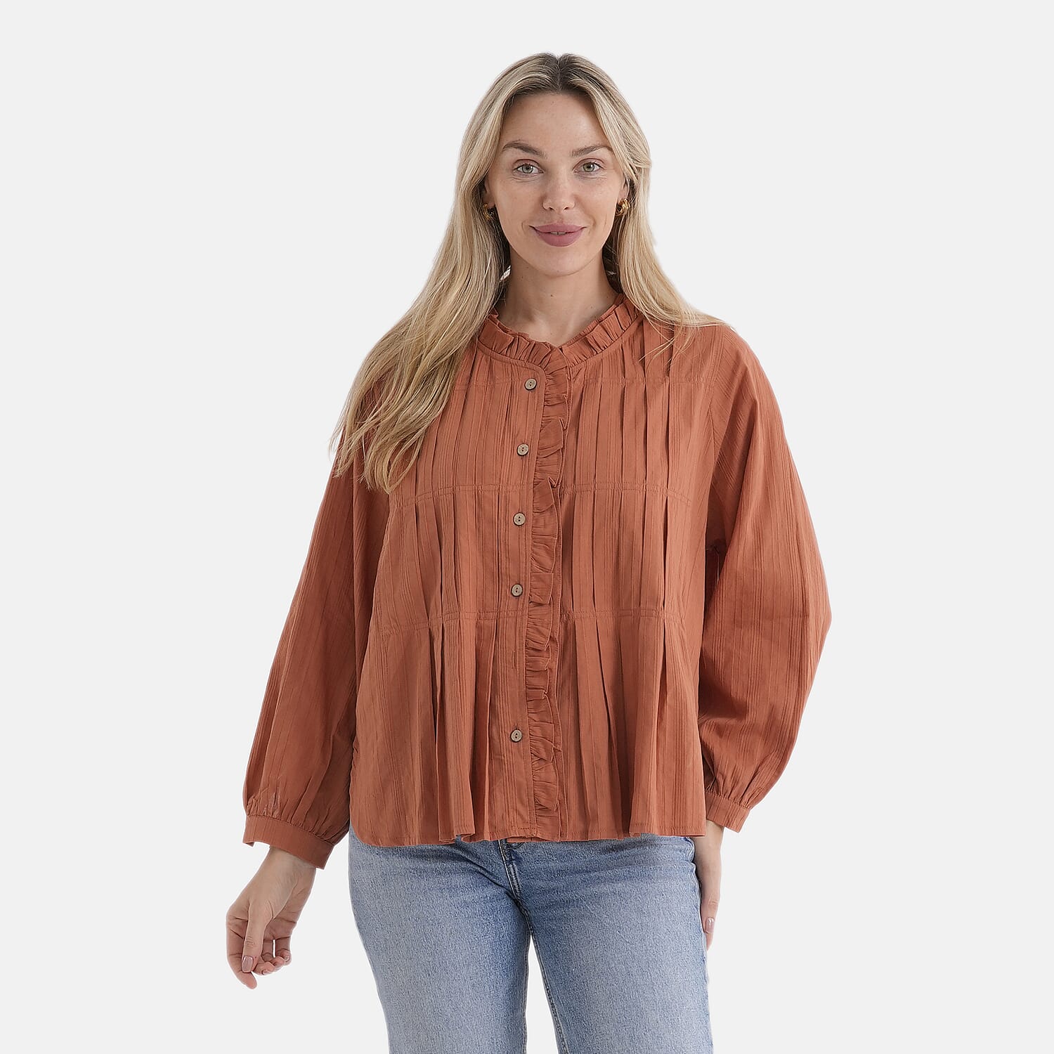 La Marey 100% Cotton Button-Down Ruffle Collar Blouse (Size 16 to 18) - Orange 8413697 0