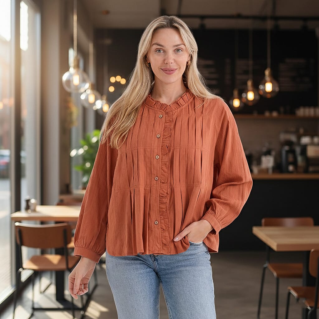 La Marey 100% Cotton Button-Down Ruffle Collar Blouse (Size 16 to 18) - Orange 8413697 2