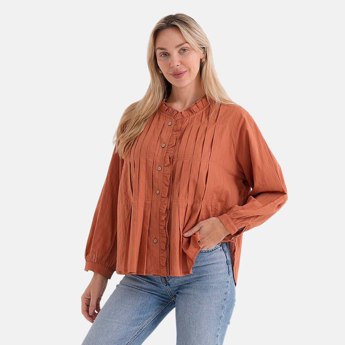 La Marey 100% Cotton Button-Down Ruffle Collar Blouse (Size 16 to 18) - Orange 8413697 4