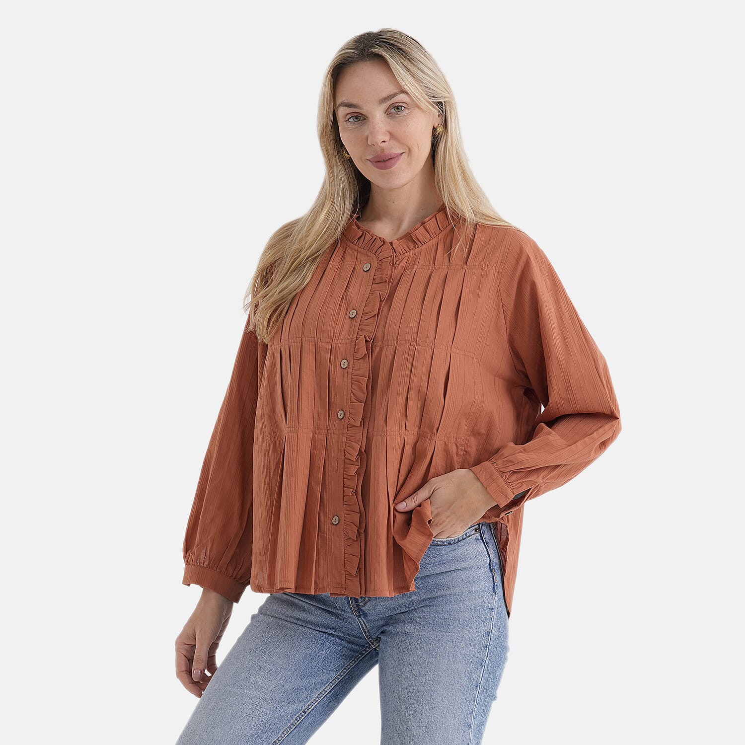 La Marey 100% Cotton Button-Down Ruffle Collar Blouse (Size 16 to 18) - Orange 8413697 4