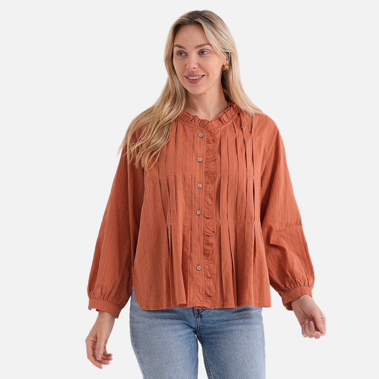 La Marey 100% Cotton Button-Down Ruffle Collar Blouse (Size 16 to 18) - Orange 8413697 5