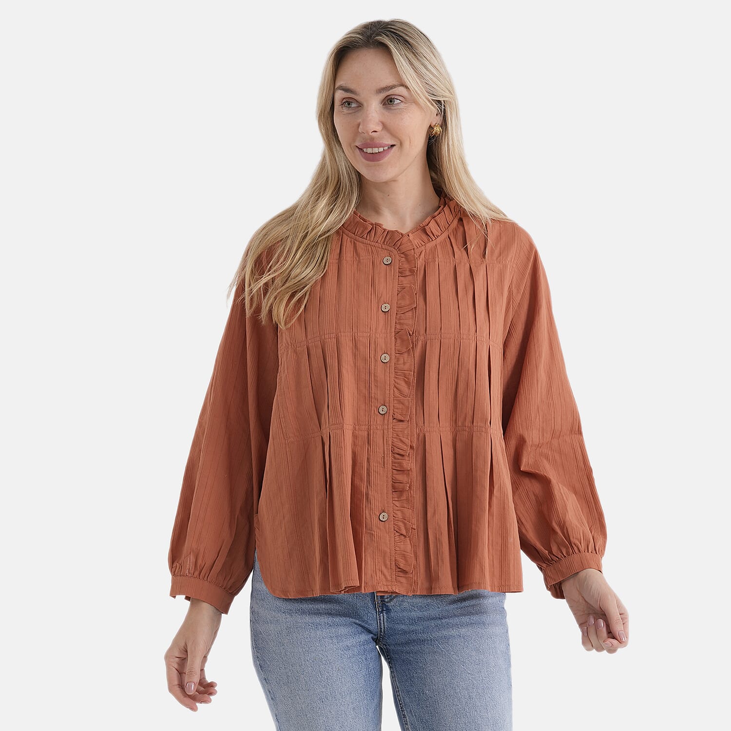 La Marey 100% Cotton Button-Down Ruffle Collar Blouse (Size 16 to 18) - Orange 8413697 5