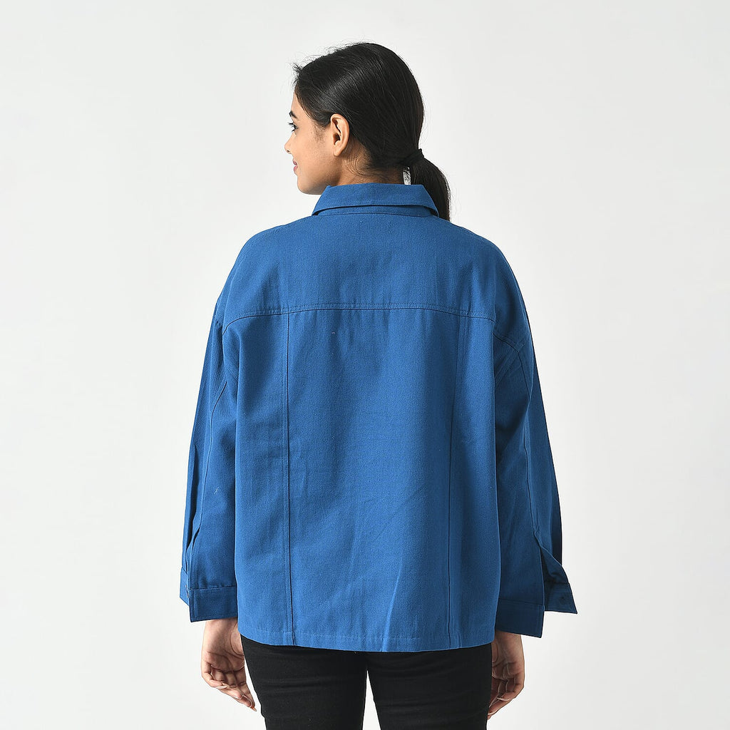 La Marey 100% Cotton Solid Jacket (Size L, 16  to 18)  - Blue