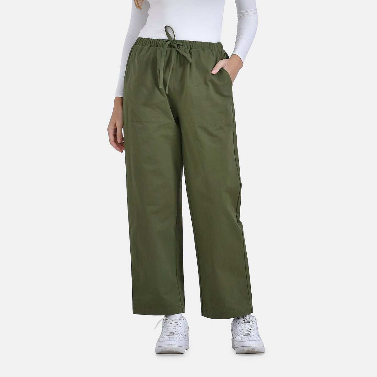 La Marey Relaxed Fit Elastic Waist Wide Leg Cropped Trousers with Drawstring (Size 18) - Olive Green V32701212 0