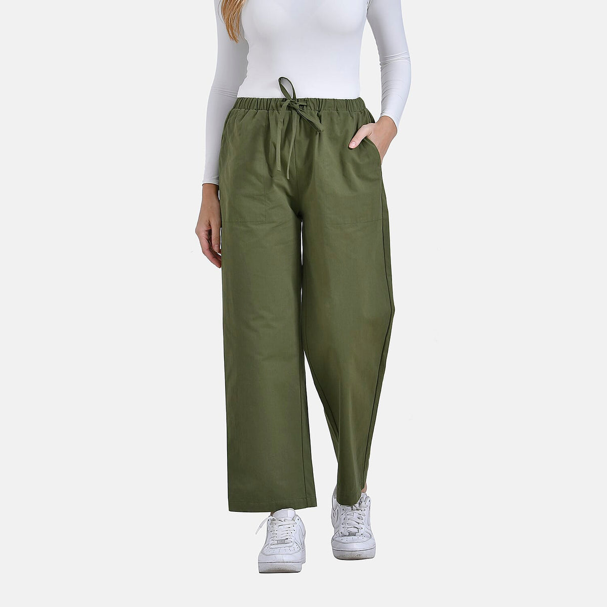 La Marey Relaxed Fit Elastic Waist Wide Leg Cropped Trousers with Drawstring (Size 18) - Olive Green V32701212 4