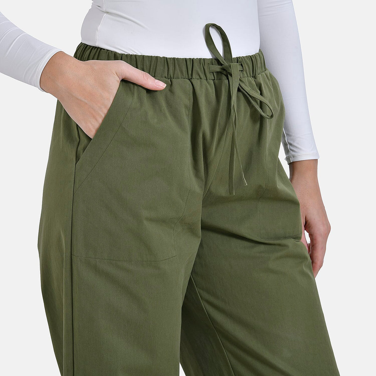 La Marey Relaxed Fit Elastic Waist Wide Leg Cropped Trousers with Drawstring (Size 18) - Olive Green V32701212 5