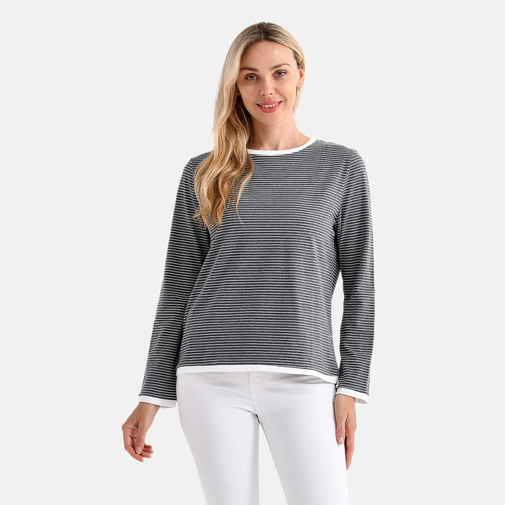 La Marey Classic Crew Neck Striped T-Shirt (Size L) - Grey &amp; White 8179616 1