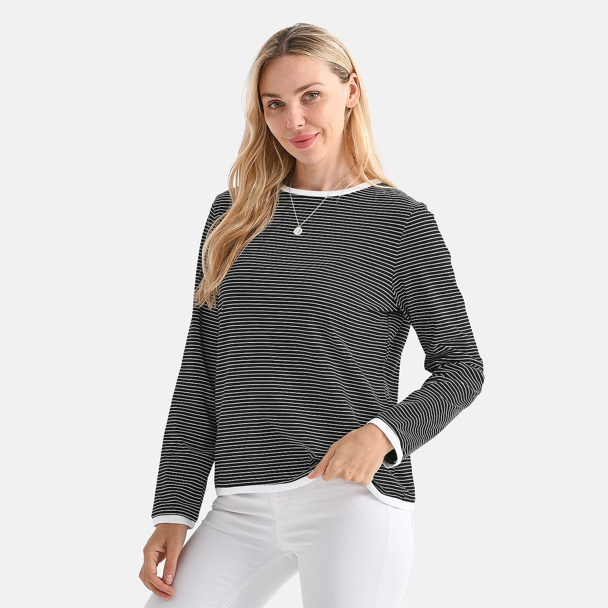 La Marey Cotton Striped Top (Size L, 16-18) - Black &amp; Beige V32555080 3
