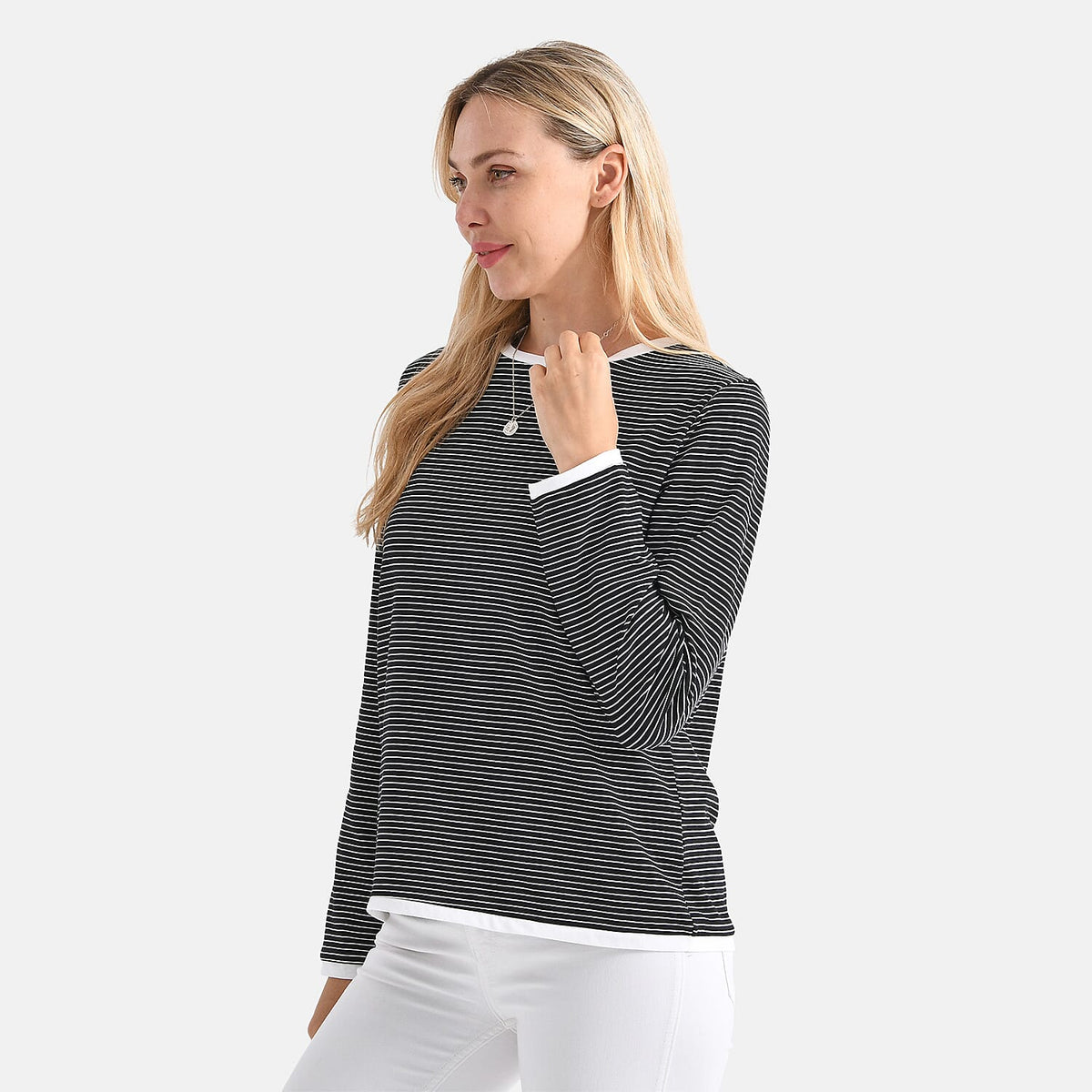 La Marey Cotton Striped Top (Size L, 16-18) - Black &amp; Beige V32555080 4
