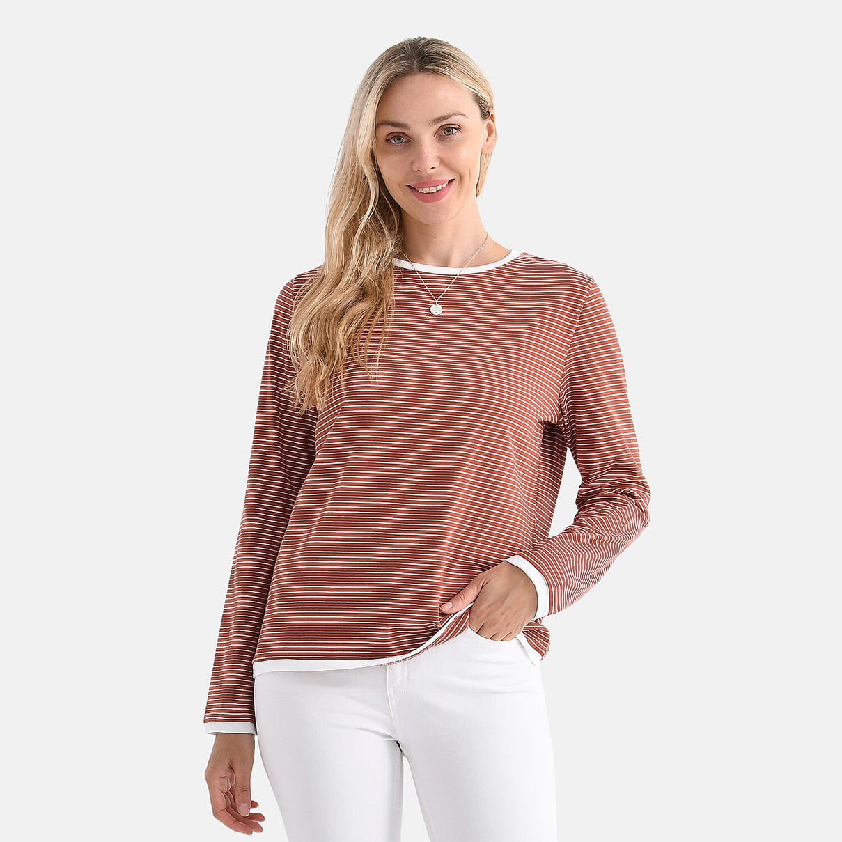 La Marey Cotton Striped Top (Size S) - Terracota &amp; White 8179695 0