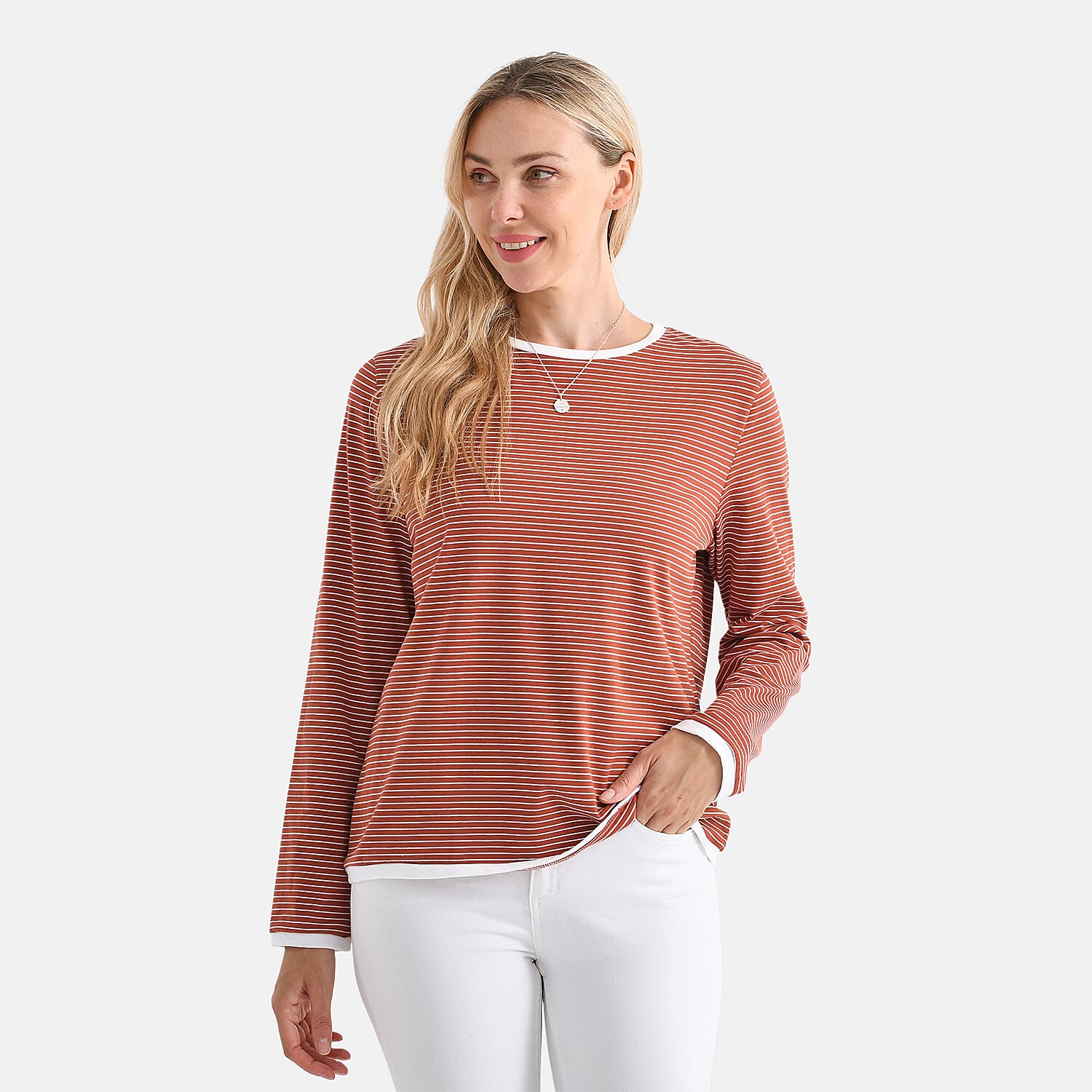 La Marey Cotton Striped Top (Size S) - Terracota &amp; White 8179695 3
