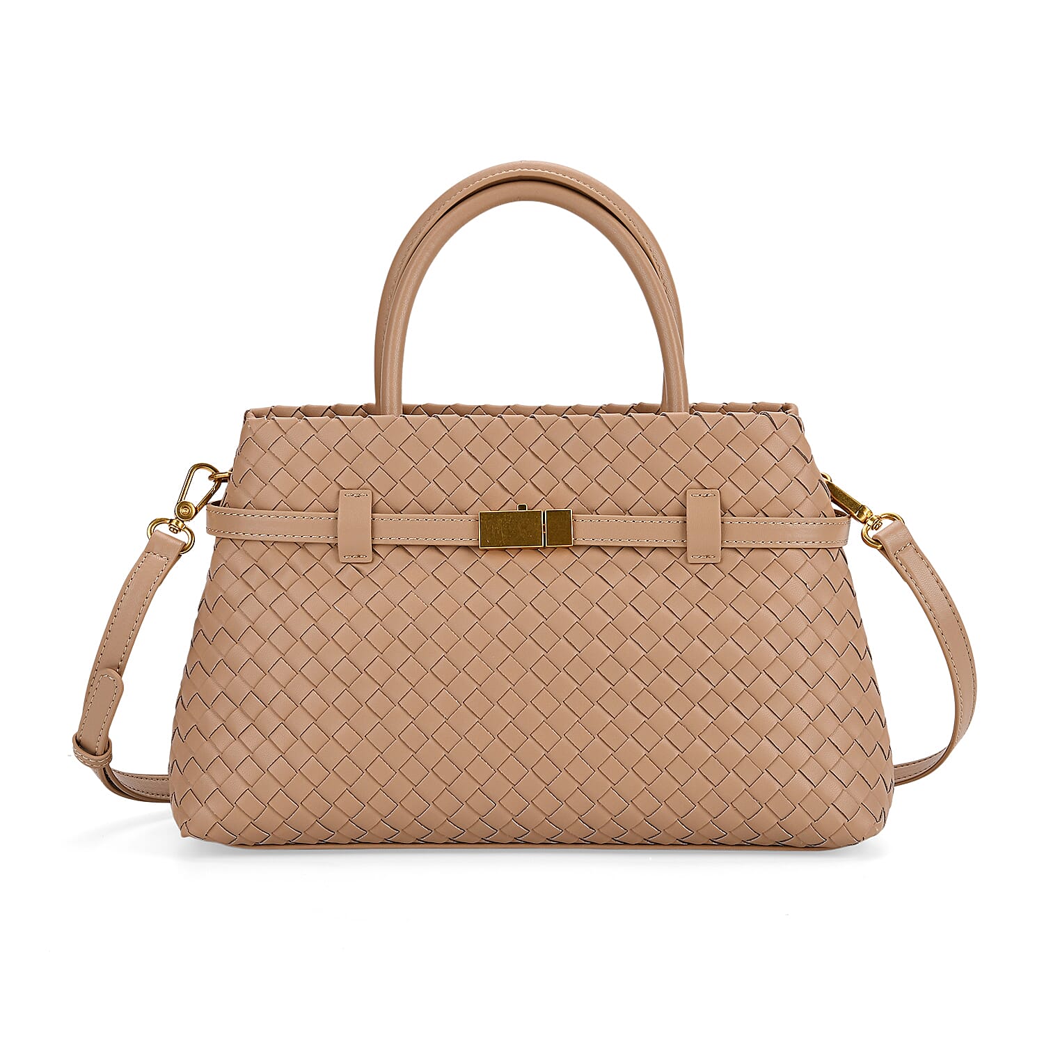 Designer Inspired - La Marey Woven Pattern Genuine Leather Crossbody Bag with Top Handle - Beige 8163184 0