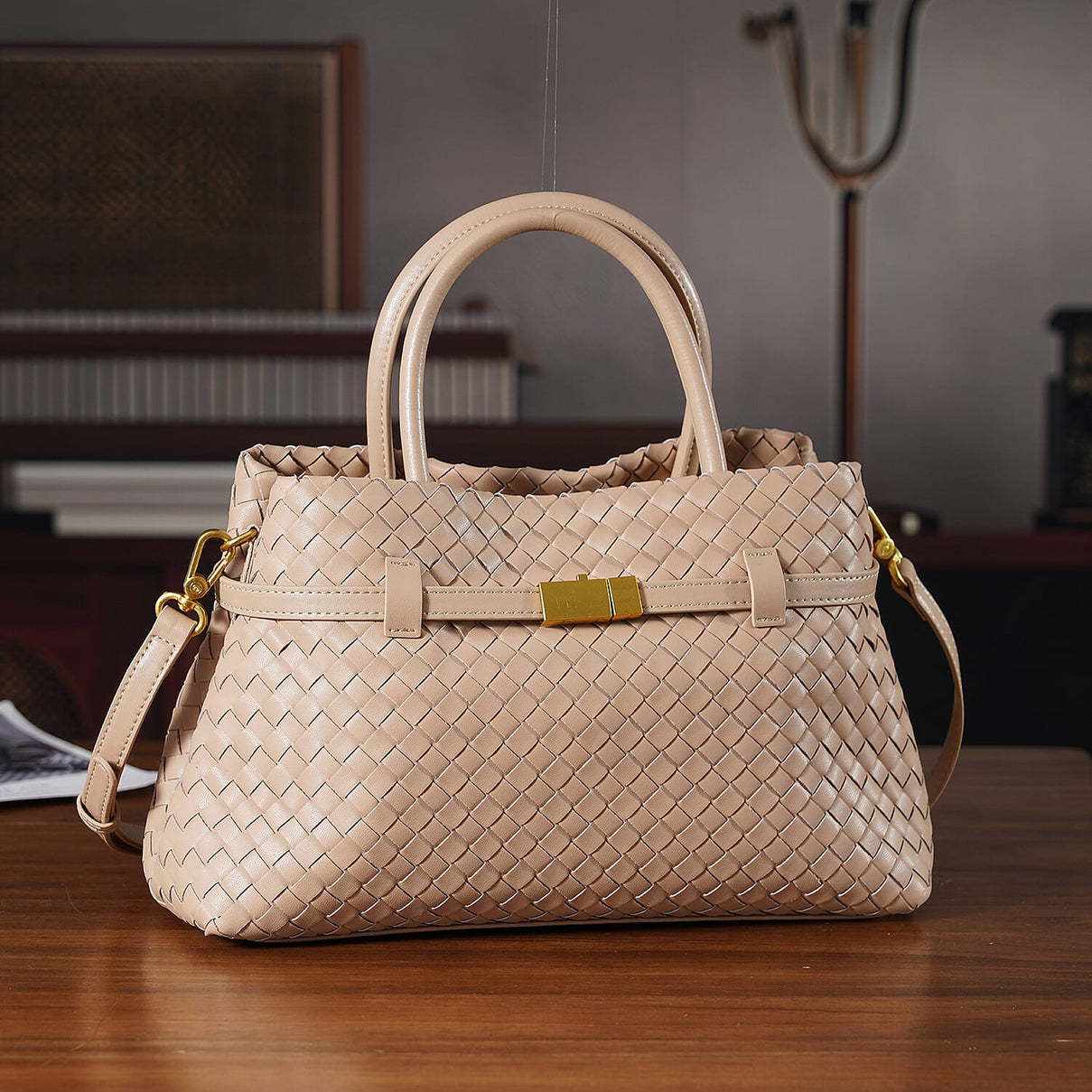 Designer Inspired - La Marey Woven Pattern Genuine Leather Crossbody Bag with Top Handle - Beige 8163184 1