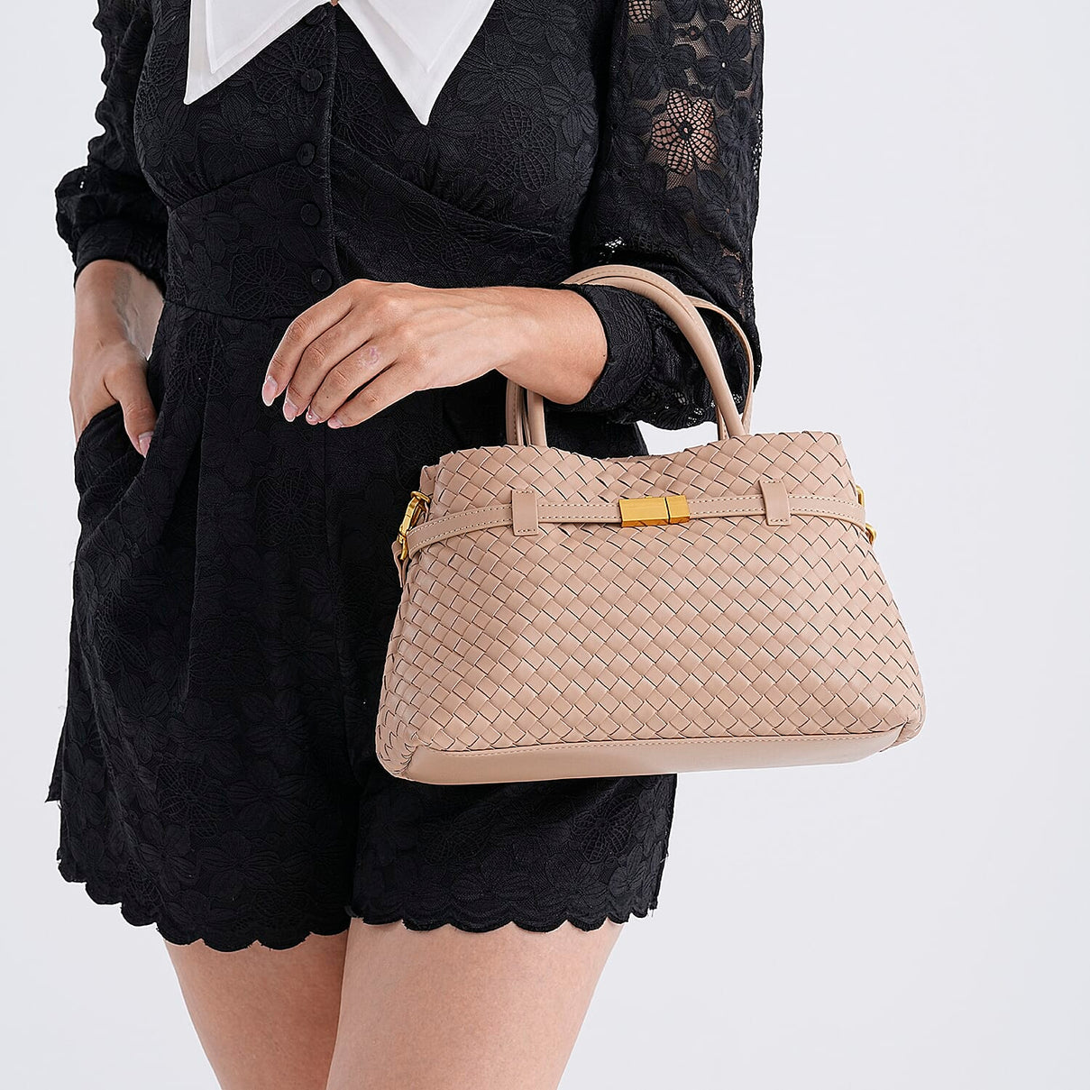 Designer Inspired - La Marey Woven Pattern Genuine Leather Crossbody Bag with Top Handle - Beige 8163184 3