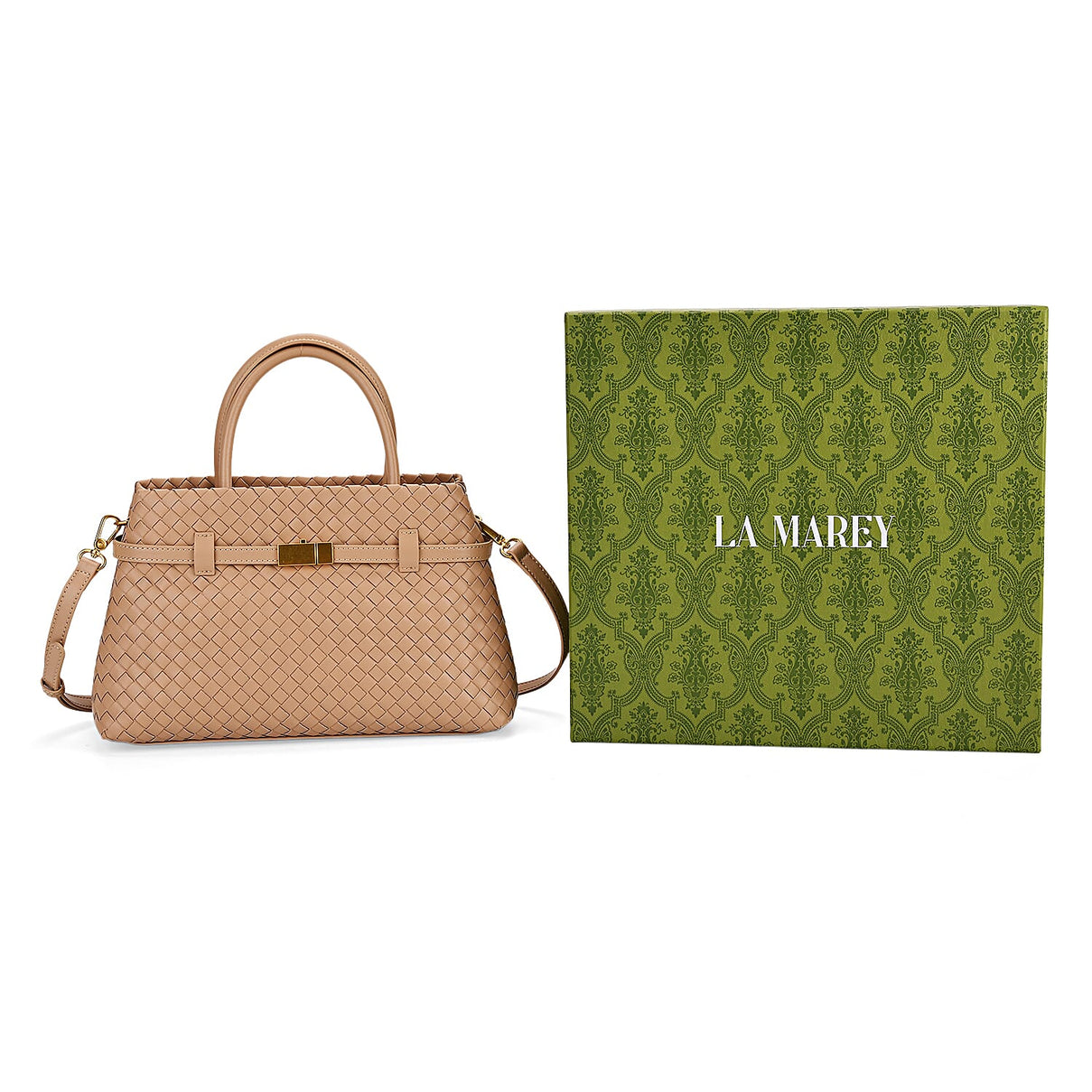 Designer Inspired - La Marey Woven Pattern Genuine Leather Crossbody Bag with Top Handle - Beige 8163184 8