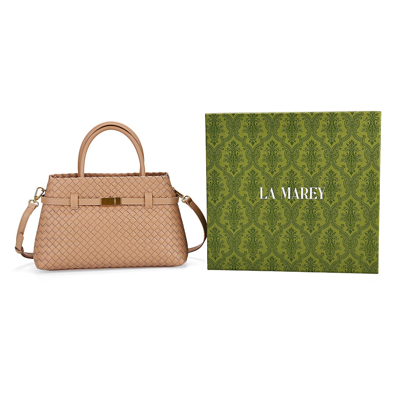 Designer Inspired - La Marey Woven Pattern Genuine Leather Crossbody Bag with Top Handle - Beige 8163184 8