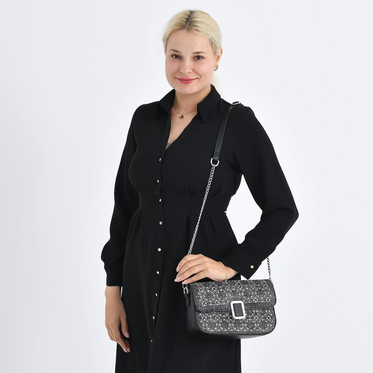 LA MAREY Designer Sling Handbag with Elegant Silver-Tone Chain Strap - Black V32523934 3