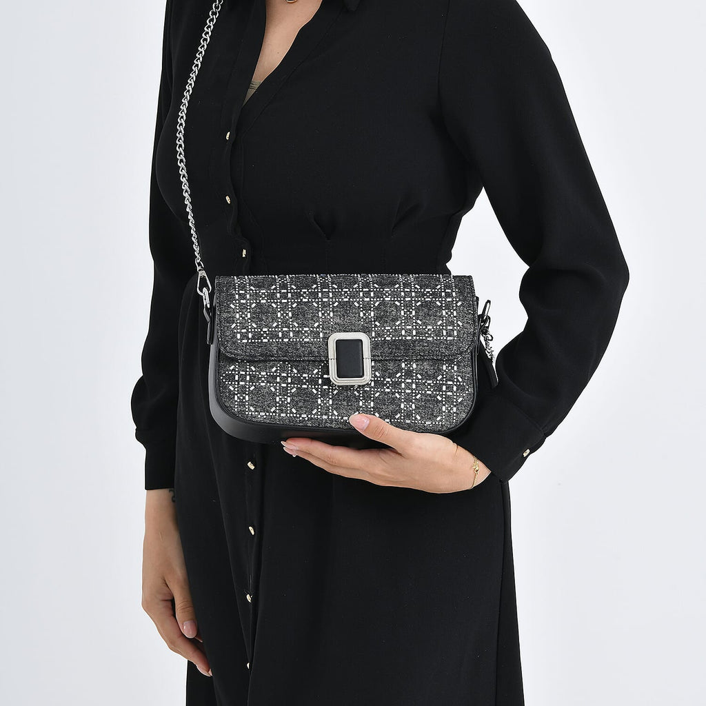 LA MAREY Designer Sling Handbag with Elegant Silver-Tone Chain Strap - Black