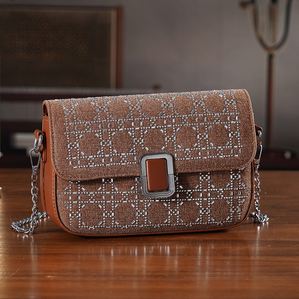 LA MAREY Designer Sling Handbag with Elegant Silver-Tone Chain Strap - Brown V32525016 2