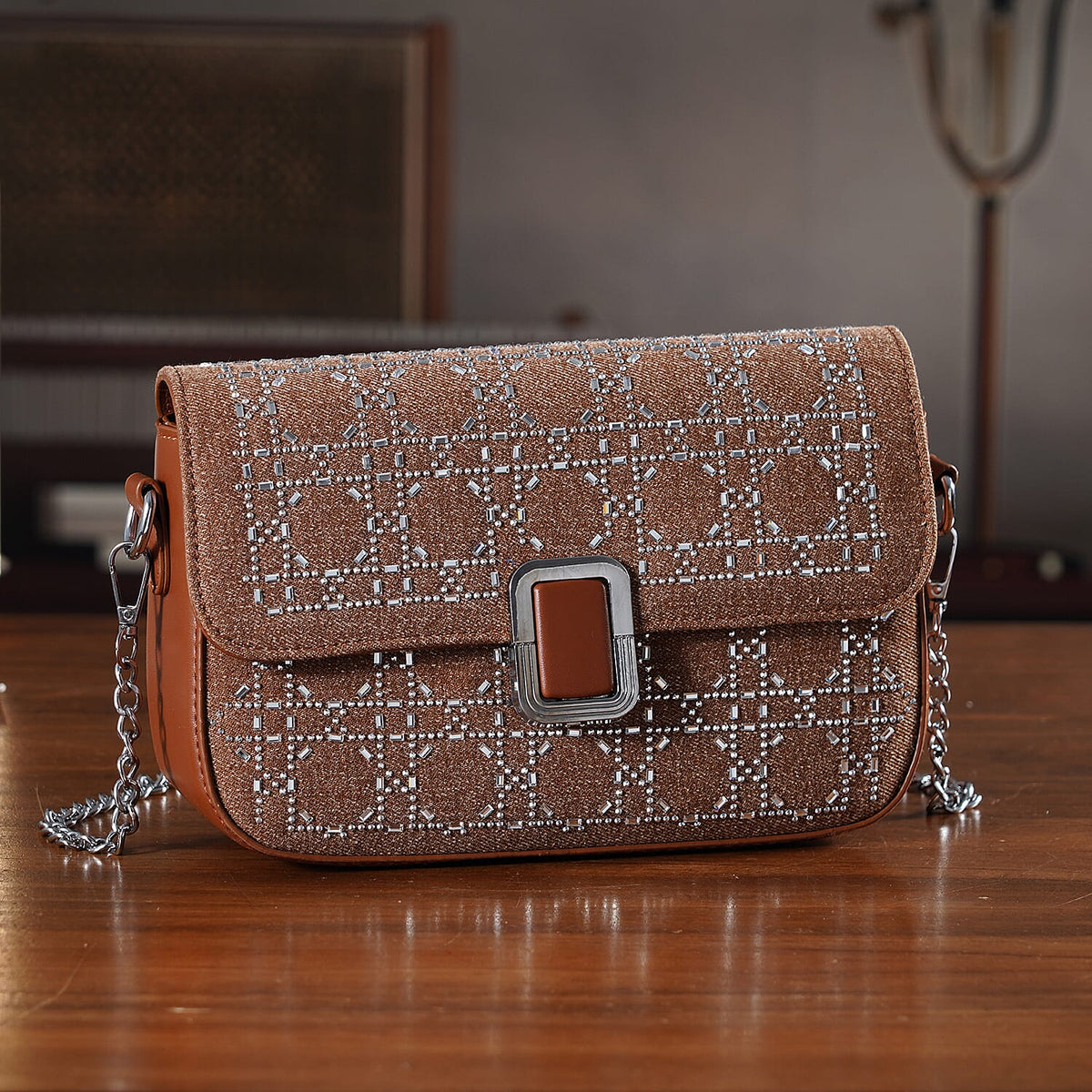 LA MAREY Designer Sling Handbag with Elegant Silver-Tone Chain Strap - Brown V32525016 2
