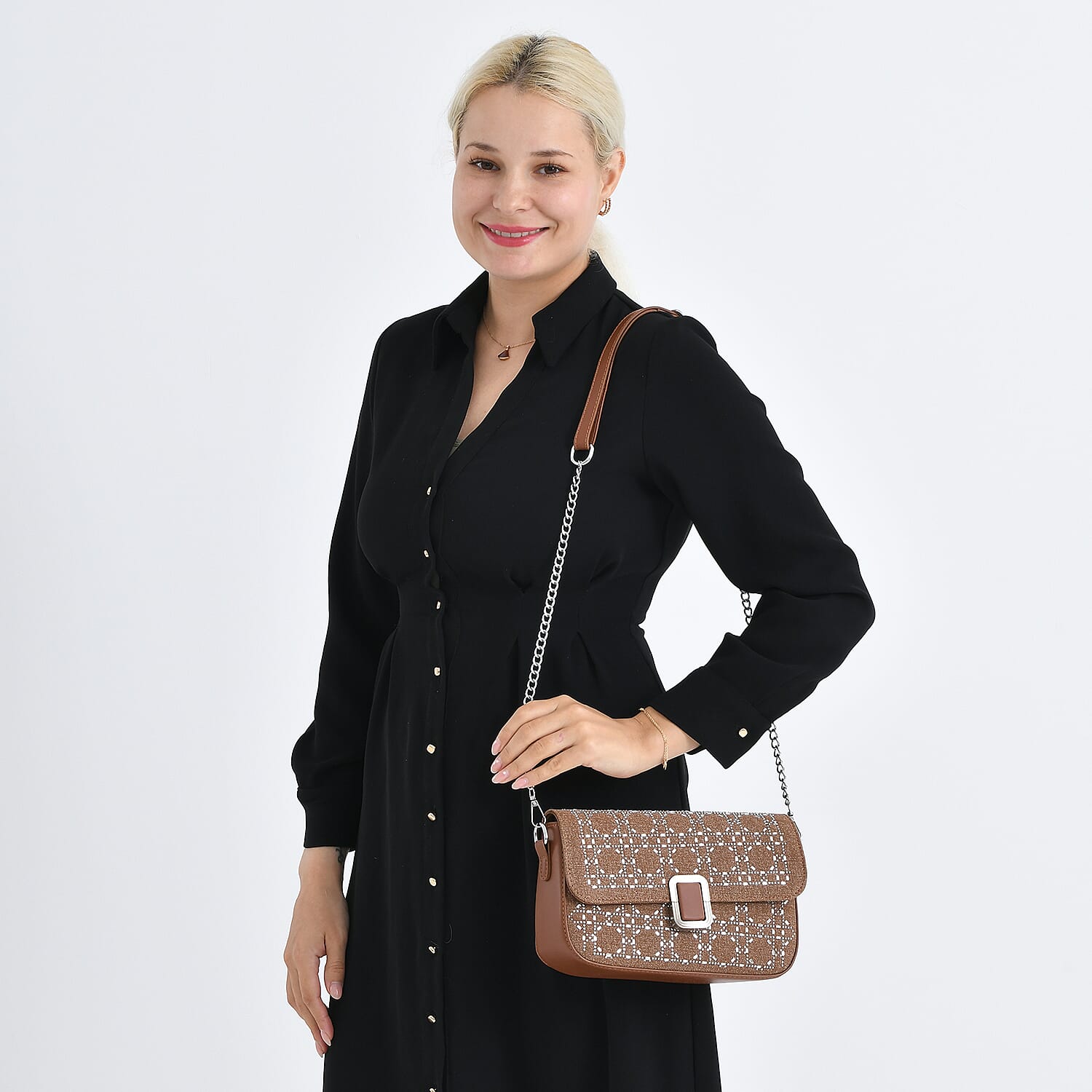 LA MAREY Designer Sling Handbag with Elegant Silver-Tone Chain Strap - Brown V32525016 3