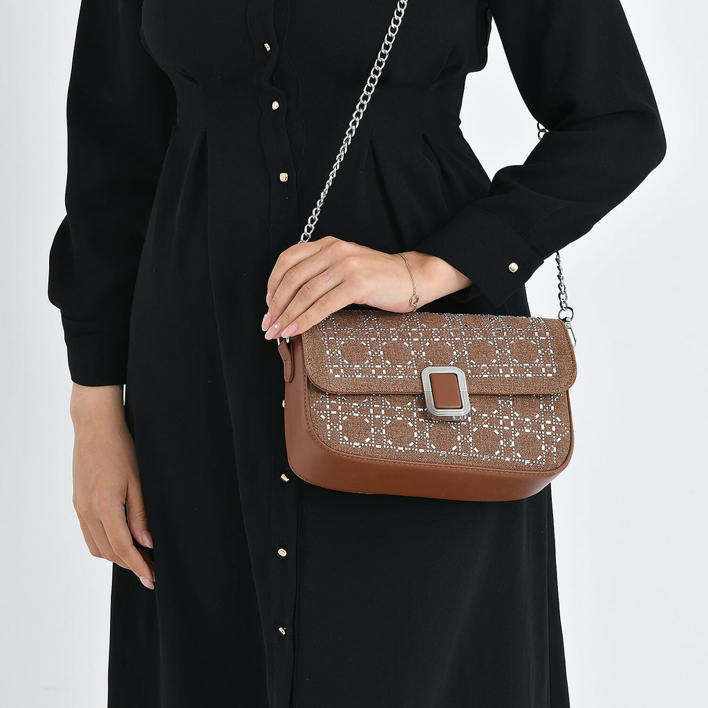 LA MAREY Designer Sling Handbag with Elegant Silver-Tone Chain Strap - Brown