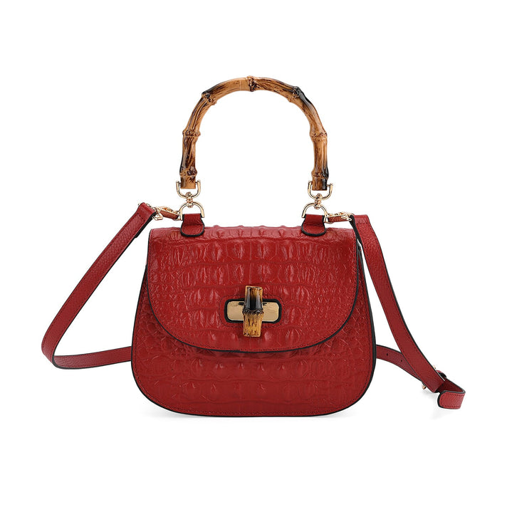 La Marey Snakeskin Embossed Genuine Leather Mini  Satchel Bag with Bamboo Handle - Red V32382963 1