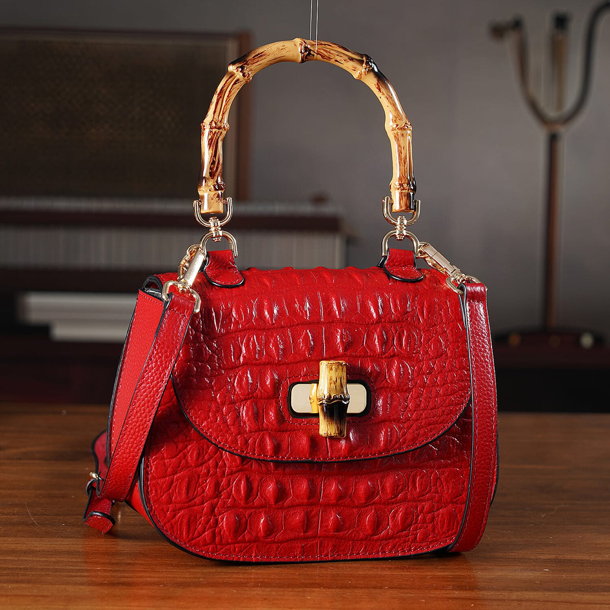 La Marey Snakeskin Embossed Genuine Leather Mini  Satchel Bag with Bamboo Handle - Red V32382963 2