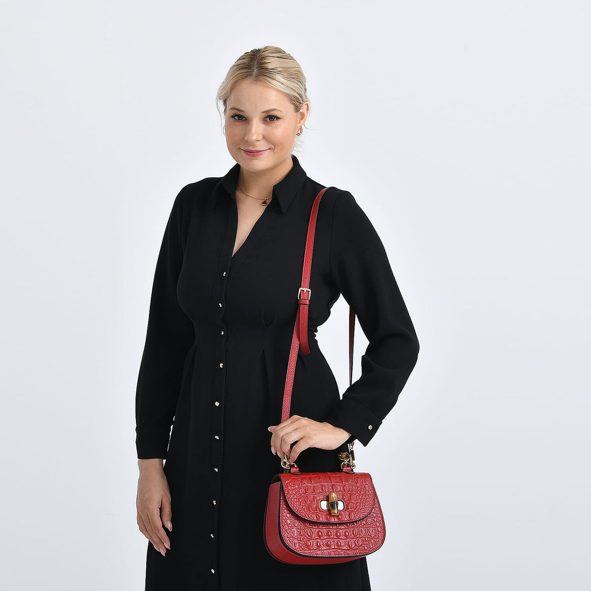 La Marey Snakeskin Embossed Genuine Leather Mini  Satchel Bag with Bamboo Handle - Red V32382963 3