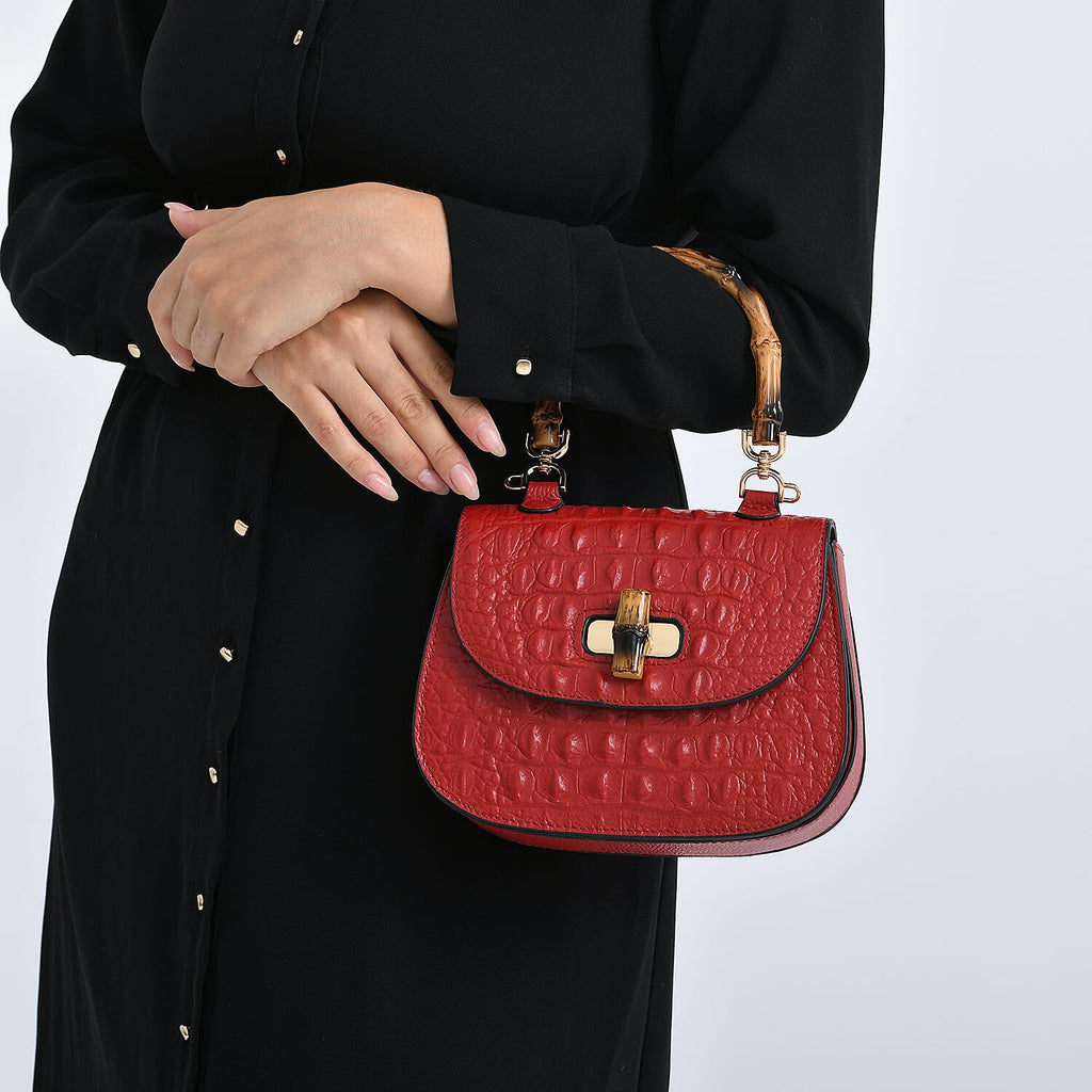 La Marey Snakeskin Embossed Genuine Leather Mini  Satchel Bag with Bamboo Handle - Red