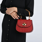 La Marey Snakeskin Embossed Genuine Leather Mini  Satchel Bag with Bamboo Handle - Red