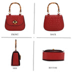 La Marey Snakeskin Embossed Genuine Leather Mini  Satchel Bag with Bamboo Handle - Red