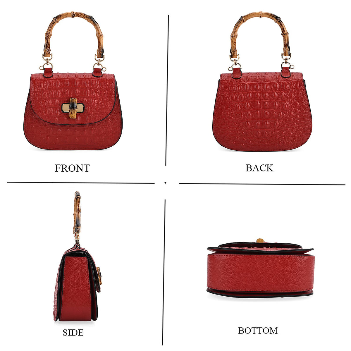 La Marey Snakeskin Embossed Genuine Leather Mini  Satchel Bag with Bamboo Handle - Red V32382963 5
